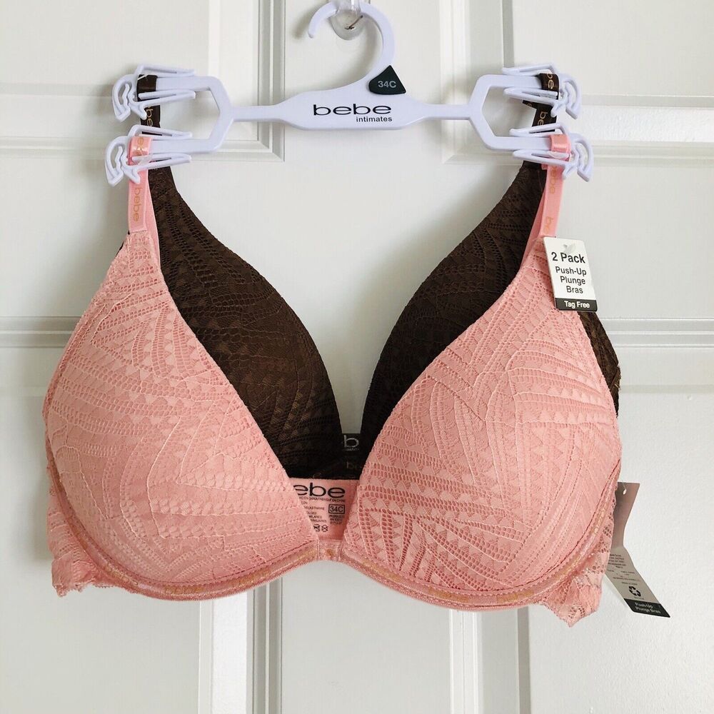 2 Pack bebe Intimates Size 34C Sexy Push Up Plunge Bras Tag Free Pink/Brown 187